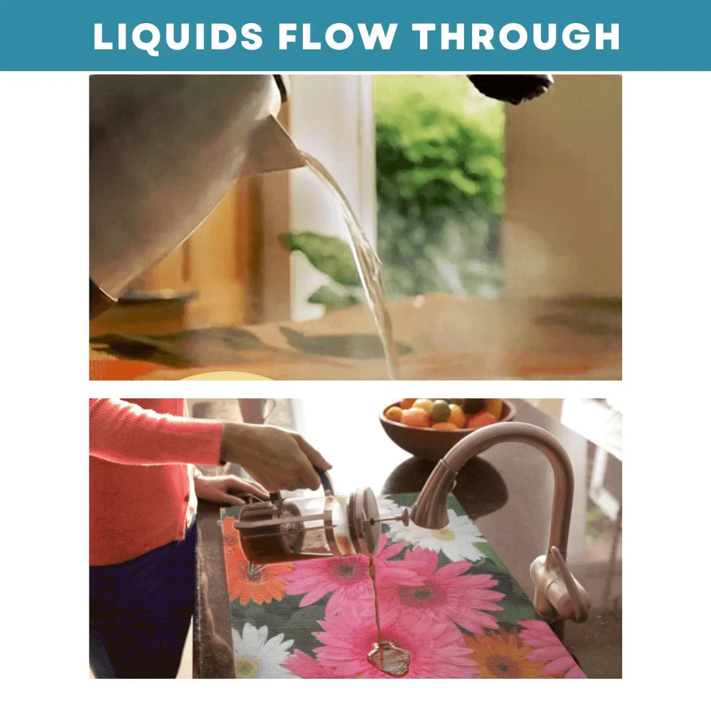 Sink Out of Sight- Home Decor Kitchen Sink Shield Hot/Cold Liquids and Debris Pass Through Wrap adjustable, 2 sizes. Design: Single Sunshine Stream 30" x 20" SK1-SS