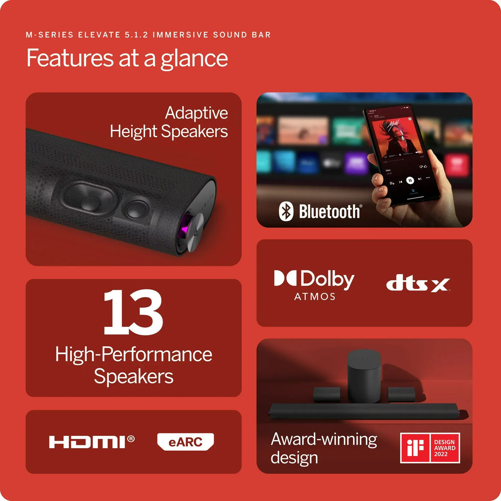 Restored VIZIO M512eK6 MSeries Elevate 5.1.2 Sound Bar with Dolby Atmos and Wireless Subwoofer (Refurbished)