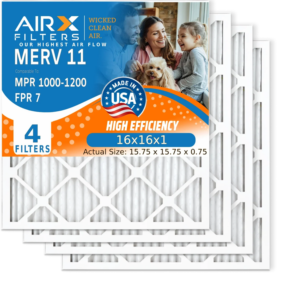 16x16x1 Air Filter MERV 11 Comparable to MPR 1000, MPR 1200 & FPR 7 Electrostatic Pleated Air Conditioner Filter 4 Pack HVAC Premium USA Made 16x16x1 Furnace Filters by AIRX FILTERS WICKED CLEAN AIR.