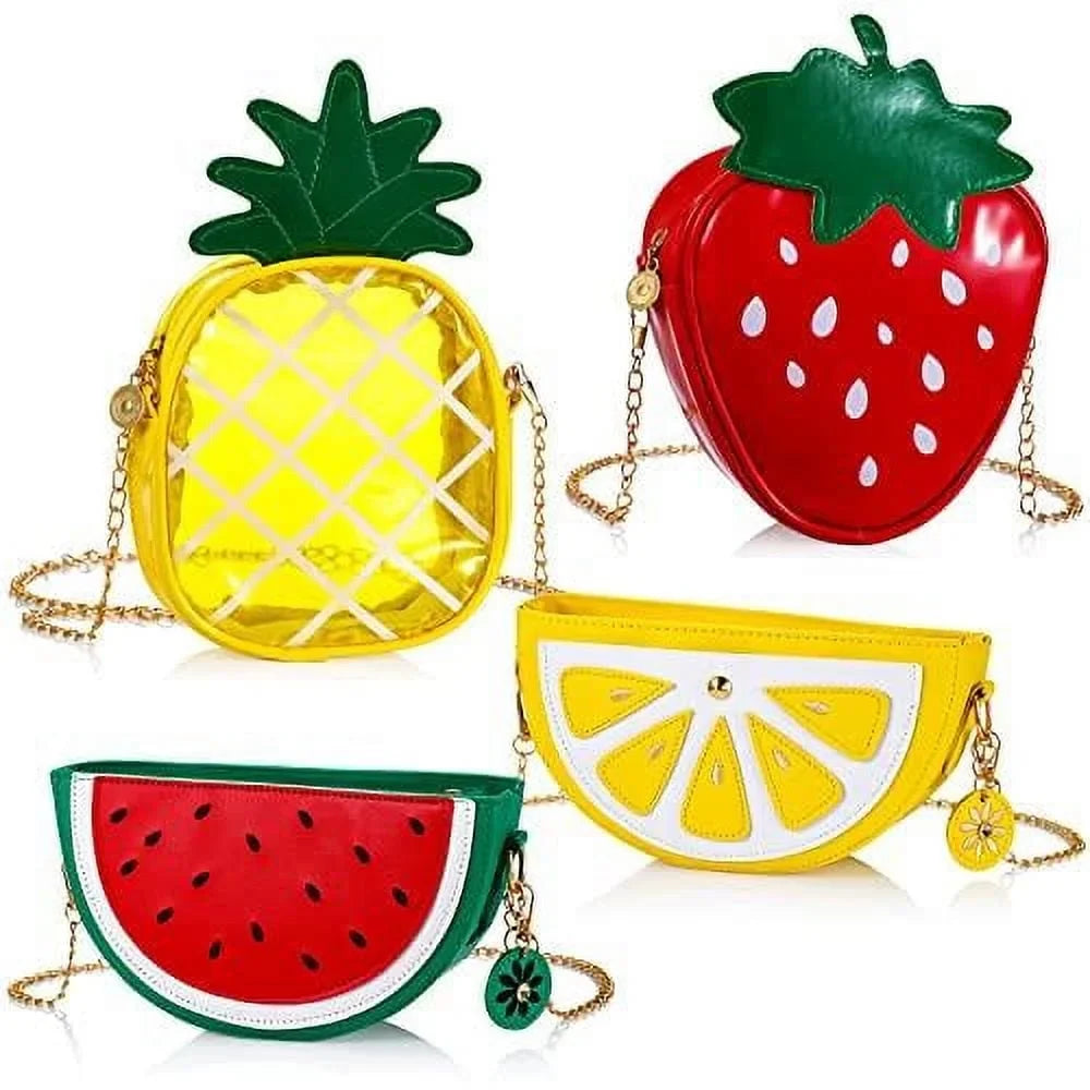 Set of 4 Fruit Shoulder Bag Lemon Watermelon Shape Shoulder Bag Pineapple Strawberry Crossbody Purse Bag Cute Novelty Fruit Shoulder Mini Bag Purse Wallet for Women Girl Gift