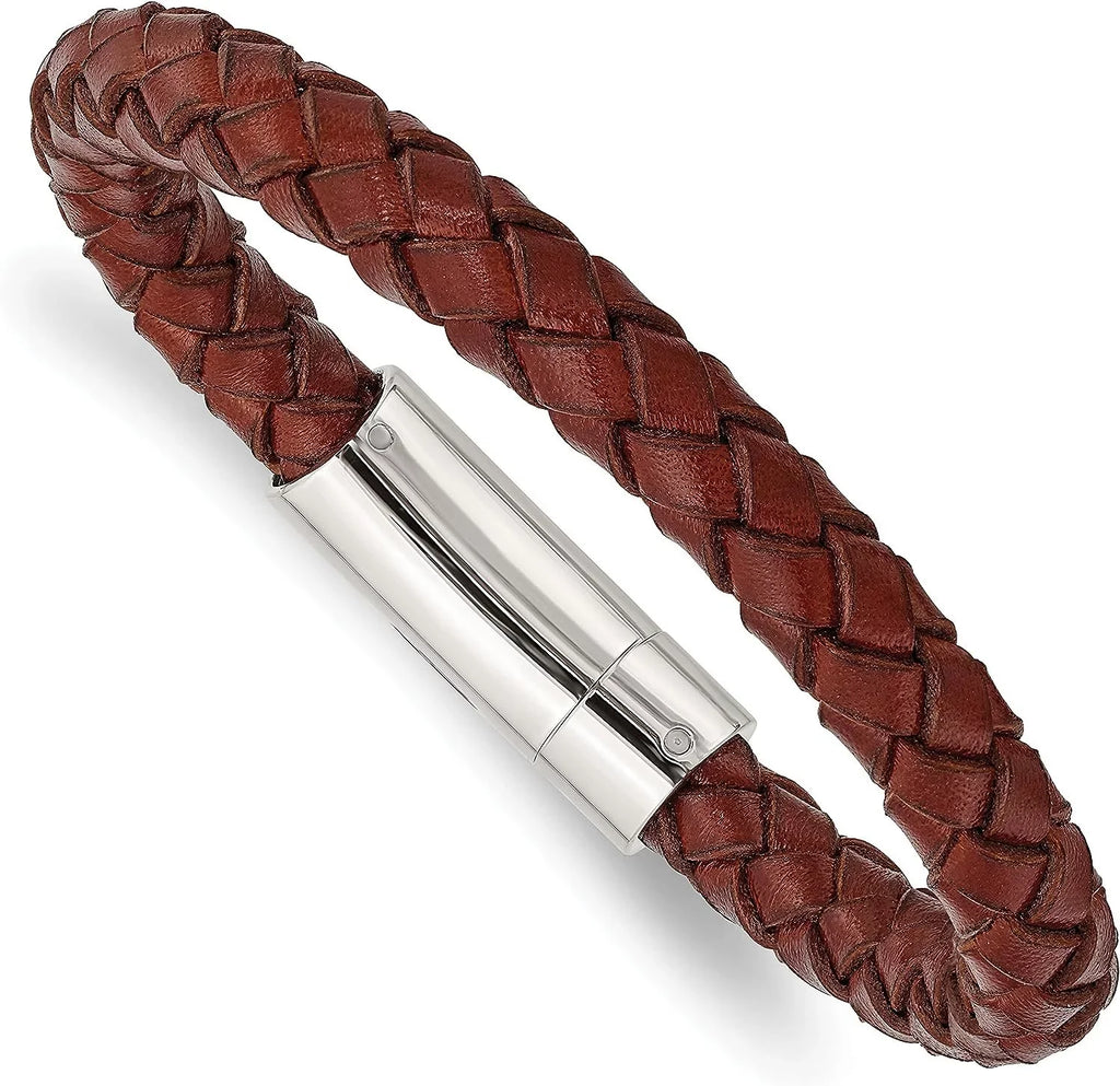 Chisel Stainless Steel Polished Brown Braided Leather Bracelet - 8.5"