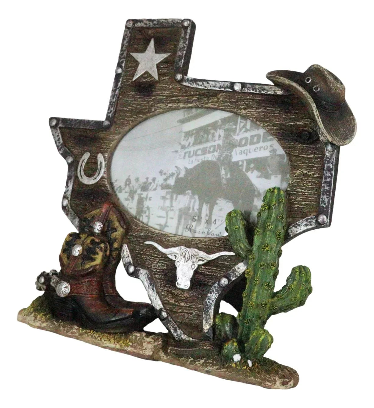 Rustic Western Texas State Map Cowboy Boot Longhorn Cactus Picture Frame 4"X6"