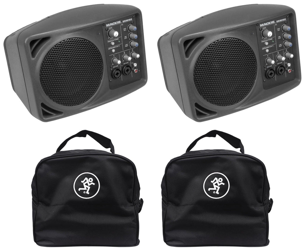 (2) Mackie SRM150 Powered Active PA Monitor Speaker + (2) Mackie Travel Bags