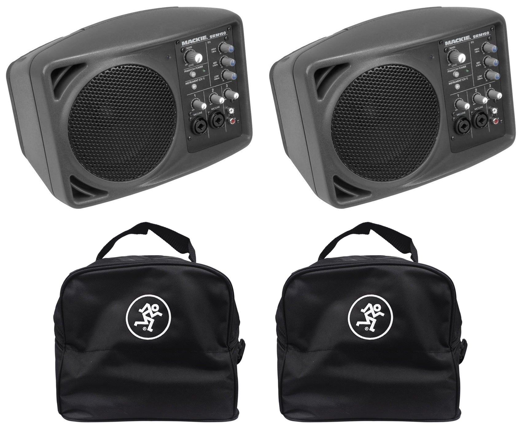(2) Mackie SRM150 Powered Active PA Monitor Speaker + (2) Mackie Travel Bags