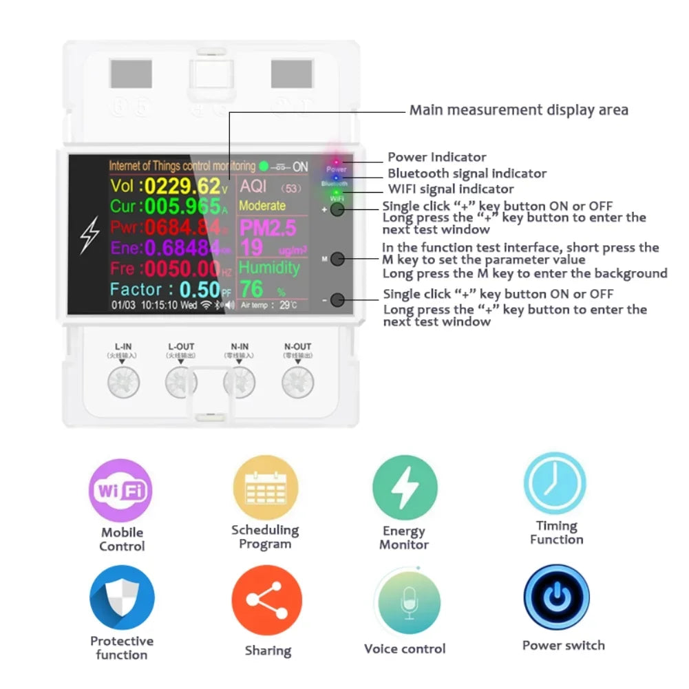 Tuya Wifi/Bluetooth AT4PW 100A Din Rail Smart Switch Remote Control AC 220V 110V Digital Energy Kwh Frequency Factor Meter