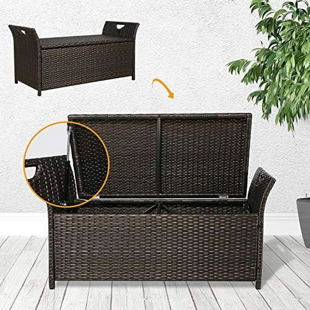 YPZBBOOM Outdoor Deck Box Patio Wicker Bench Rattan Bins with Cushion (Red)