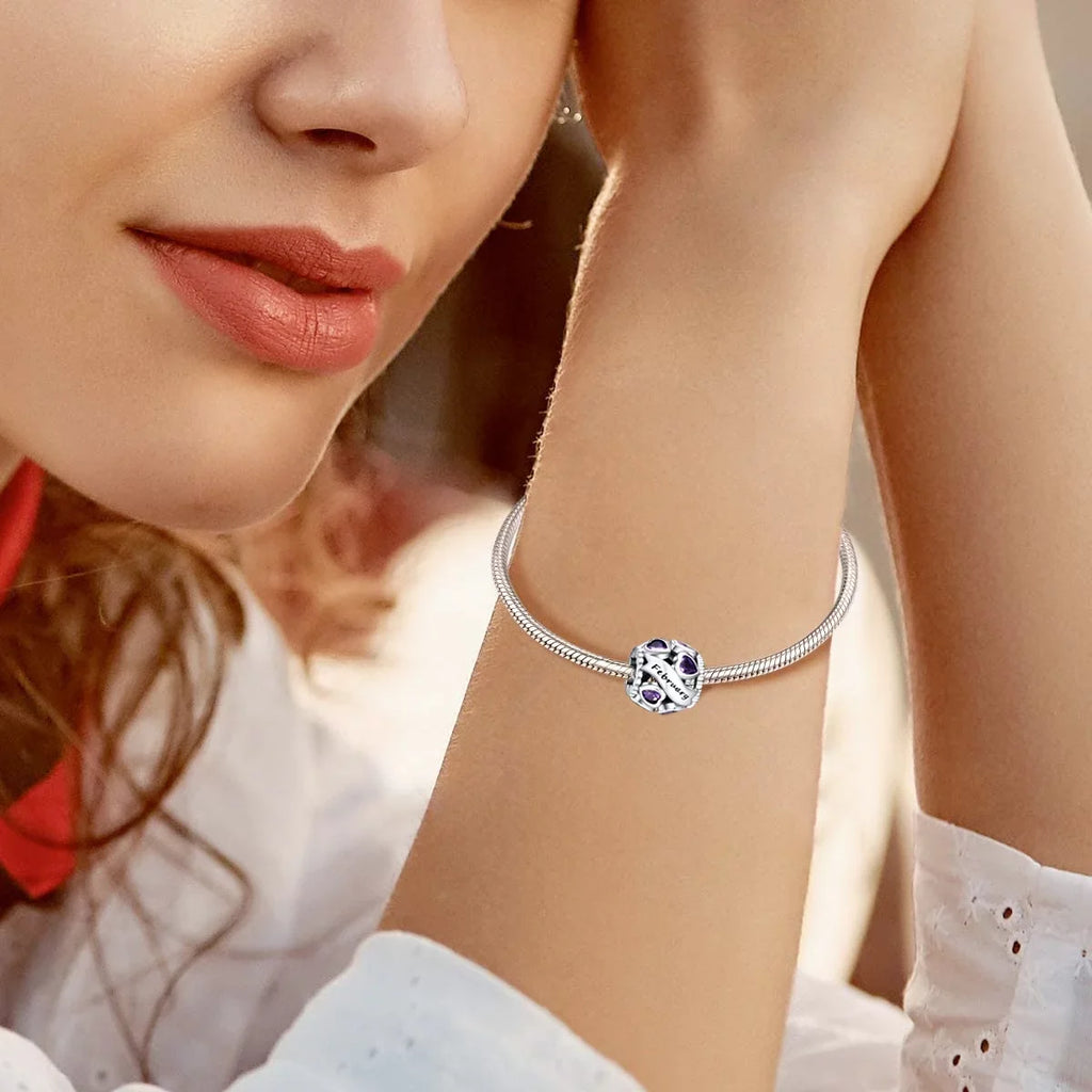 NINGAN February Birthstone Charms for Pandora Bracelets 925 Sterling Silver Love Heart Openwork Bead Charms