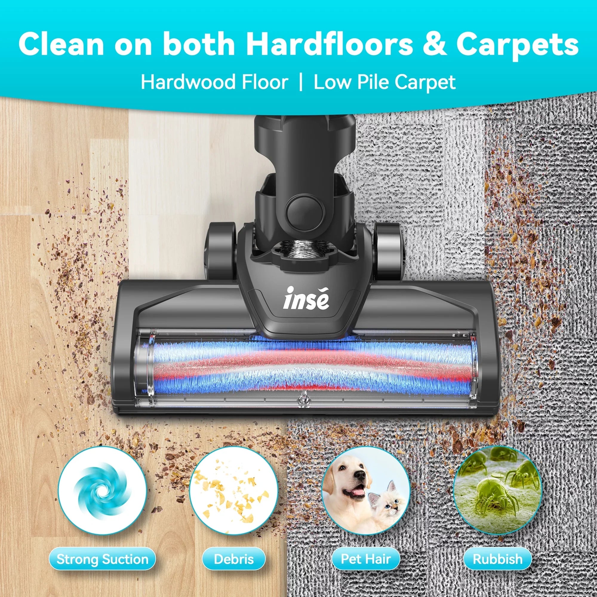 INSE Cordless Vacuum Cleaner, 15Kpa 180W Powerful Suction Stick Vacuum Cleaner, Up to 40min Runtime, 3 in 1 Handheld Vacuum Cleaner for Thin Carpet Hard Floor Pet Hair