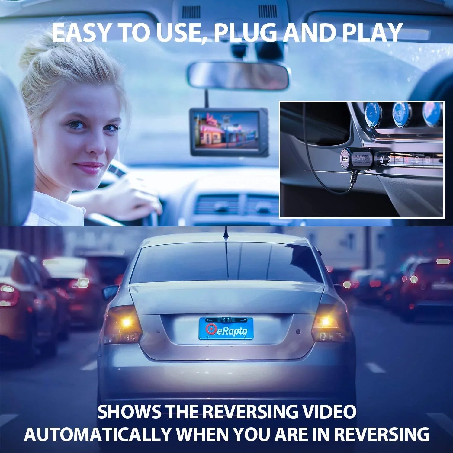 eRapta ERT03 1080P Wireless Backup Camera with Monitor for Car Pickup Truck Hitch Sedans Back Up Reversing Rear Front View Parking Camera Strong Signal and HD Image