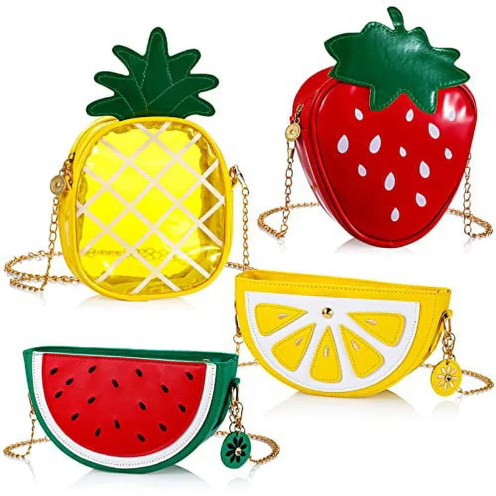 Set of 4 Fruit Shoulder Bag Lemon Watermelon Shape Shoulder Bag Pineapple Strawberry Crossbody Purse Bag Cute Novelty Fruit Shoulder Mini Bag Purse Wallet for Women Girl Gift