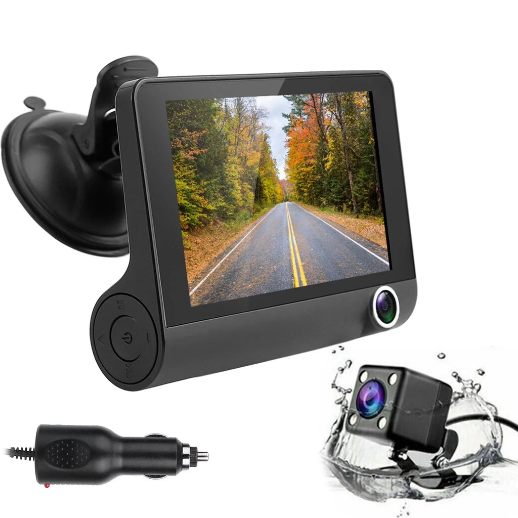 iMounTEK Dashboard Camera FHD 1080P 4in Touch Screen Car DVR Dash Camera 3 Lens Vehicle Driving Recorder Seamless Loop Recording with 19.68ft Rear Camera Wire, Black