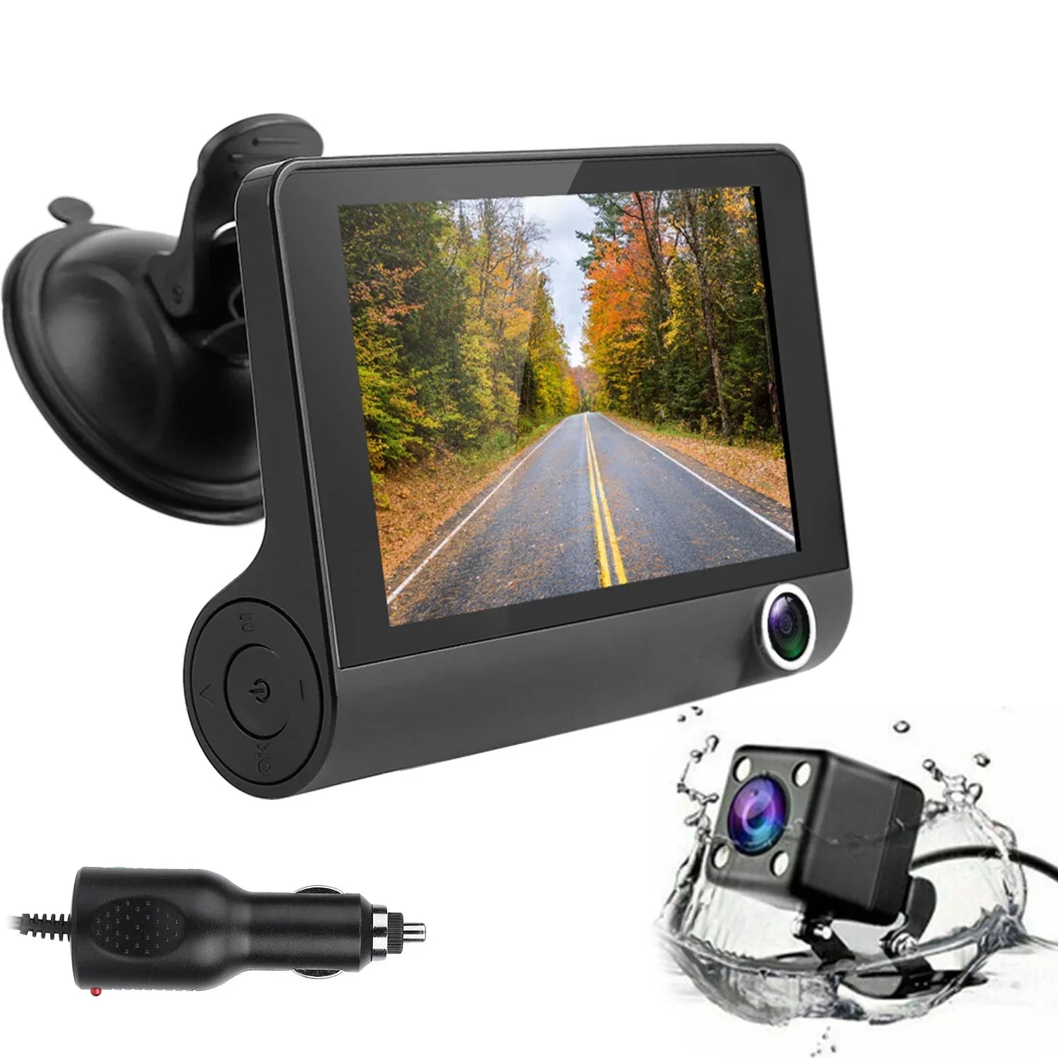 iMounTEK Dashboard Camera FHD 1080P 4in Touch Screen Car DVR Dash Camera 3 Lens Vehicle Driving Recorder Seamless Loop Recording with 19.68ft Rear Camera Wire, Black