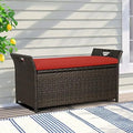 YPZBBOOM Outdoor Deck Box Patio Wicker Bench Rattan Bins with Cushion (Red)