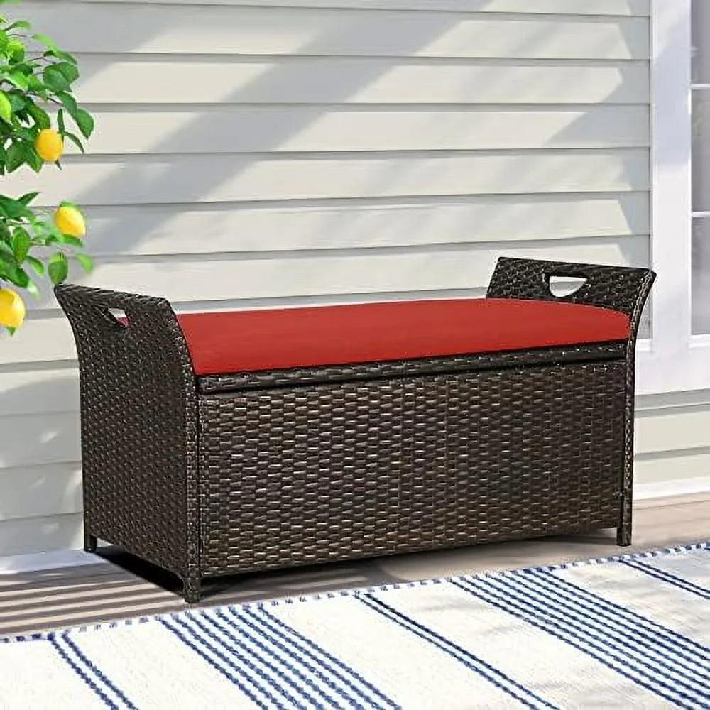 YPZBBOOM Outdoor Deck Box Patio Wicker Bench Rattan Bins with Cushion (Red)