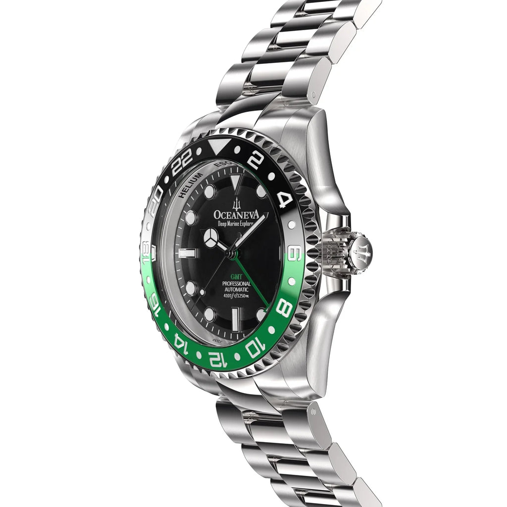 Oceaneva™ GMT Deep Marine Explorer Pro Diver Black Green Bezel Watch - Screw Down with Triple Seal Case Back - 1250M Water Resistance - Japan Automatic Movement Dive Swimming Wrist Watches For Men