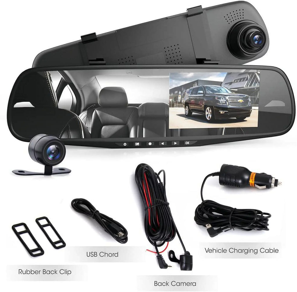 Pyle HD 1080p 4.3" Dual Camera Dash Cam Vehicle Recording System Rearview Mirror