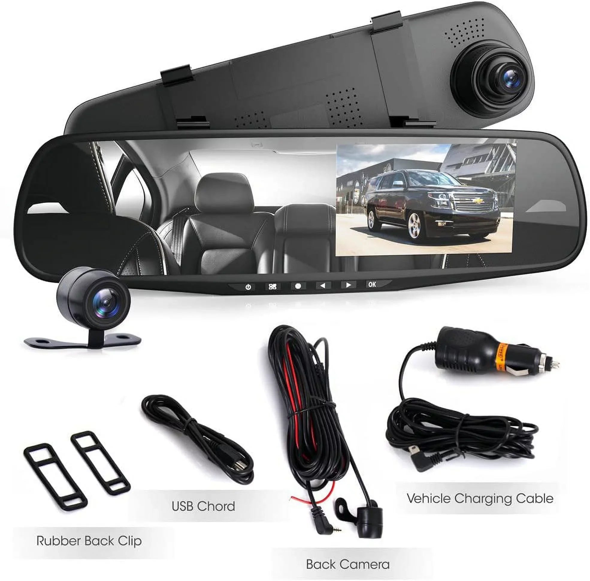 Pyle HD 1080p 4.3" Dual Camera Dash Cam Vehicle Recording System Rearview Mirror