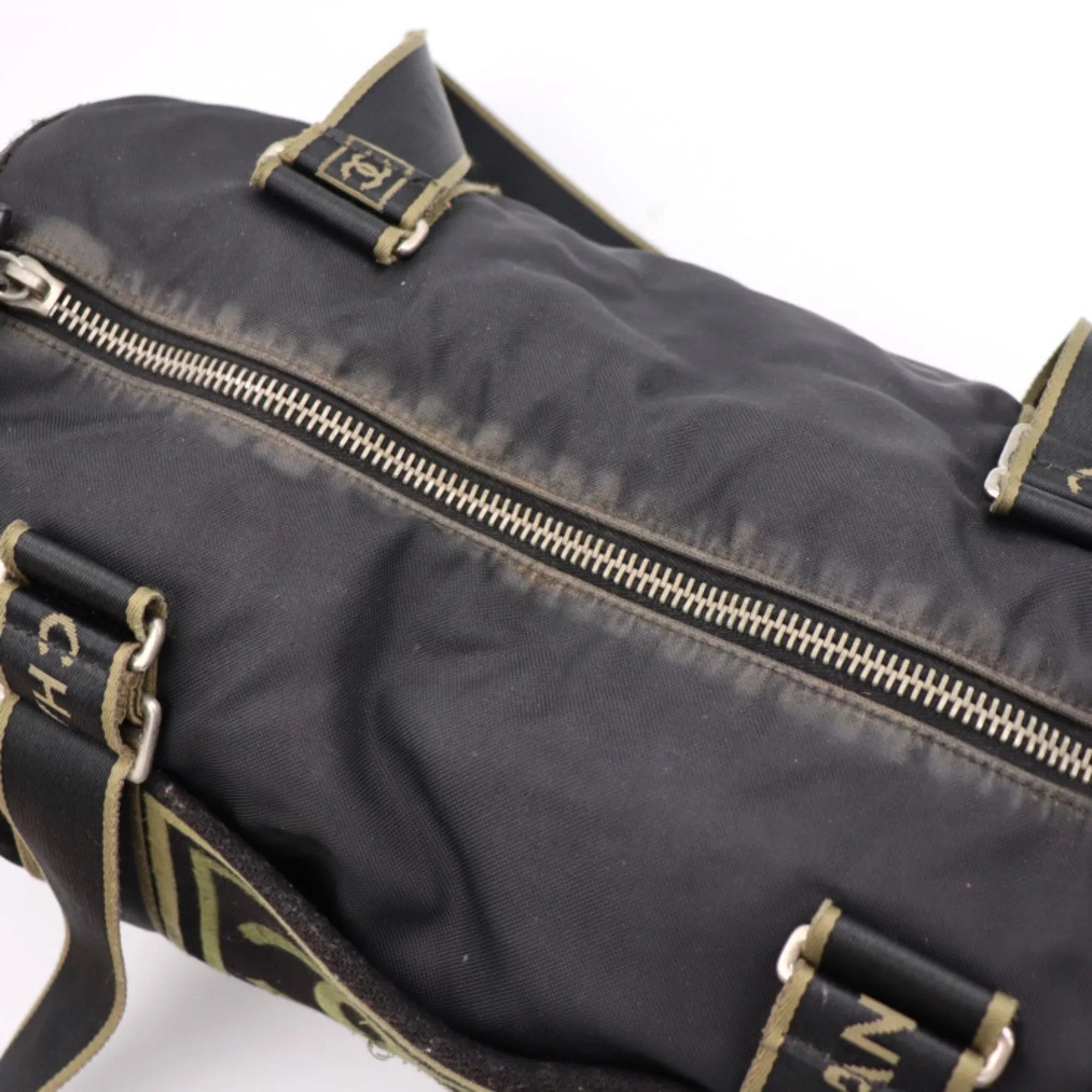 Pre-Owned CHANEL Chanel Sport Line Boston Bag Nylon Canvas Black Khaki Green Shoulder Travel Cocomark 10 Series Round Cylindrical (Fair)