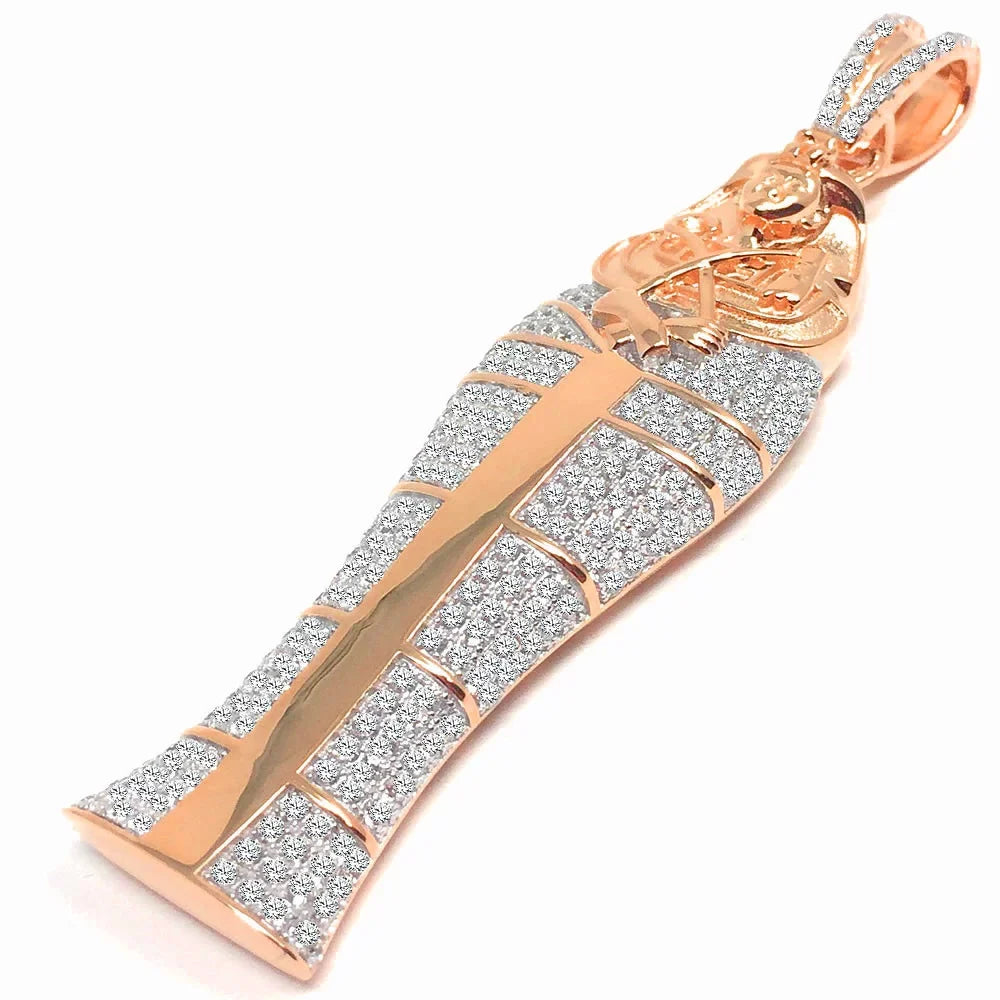 XL 3.25'' 10K Rose Gold On Real Sterling Silver Lab Diamonds Egyptian Pharaoh King Tut Mummy Pendant Charm