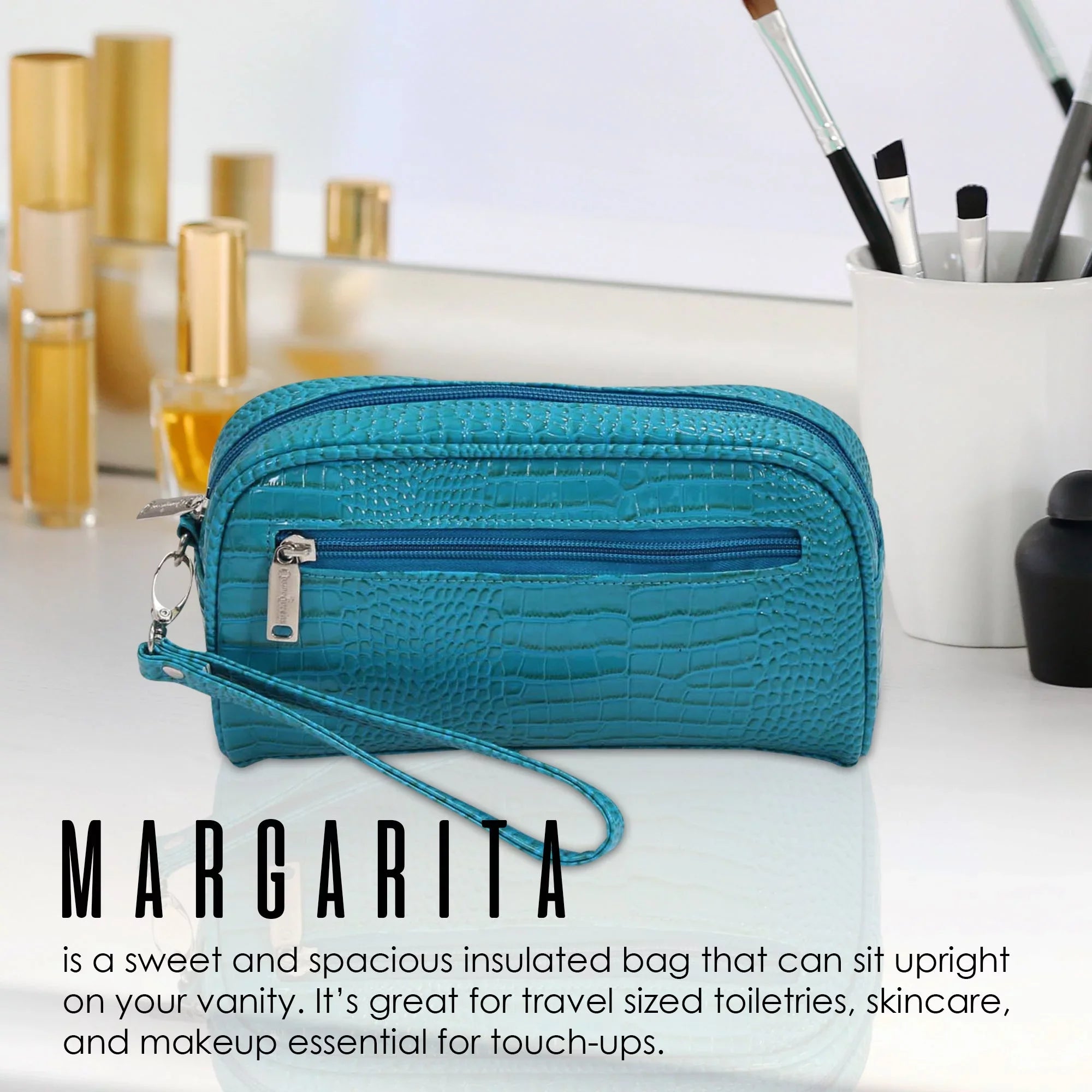 Picnic Gift 7666-PK Margarita-Insulated Cosmetics Bags with Removable Wristlet, Pink Reptilian