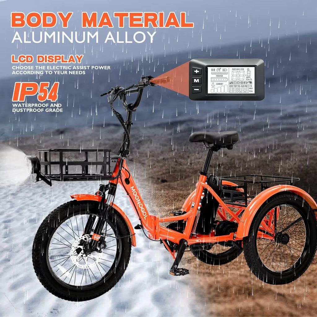 MOPHOTO 16MPH 500W 48V 14.5Ah 20" Electric Folding Tricycle for Women, Electric Motorized Tricycle Adult, Fat Tire 3 Wheel Electric Bikes, Step-Thru 1-Speed Electric Trike for Senior, Men