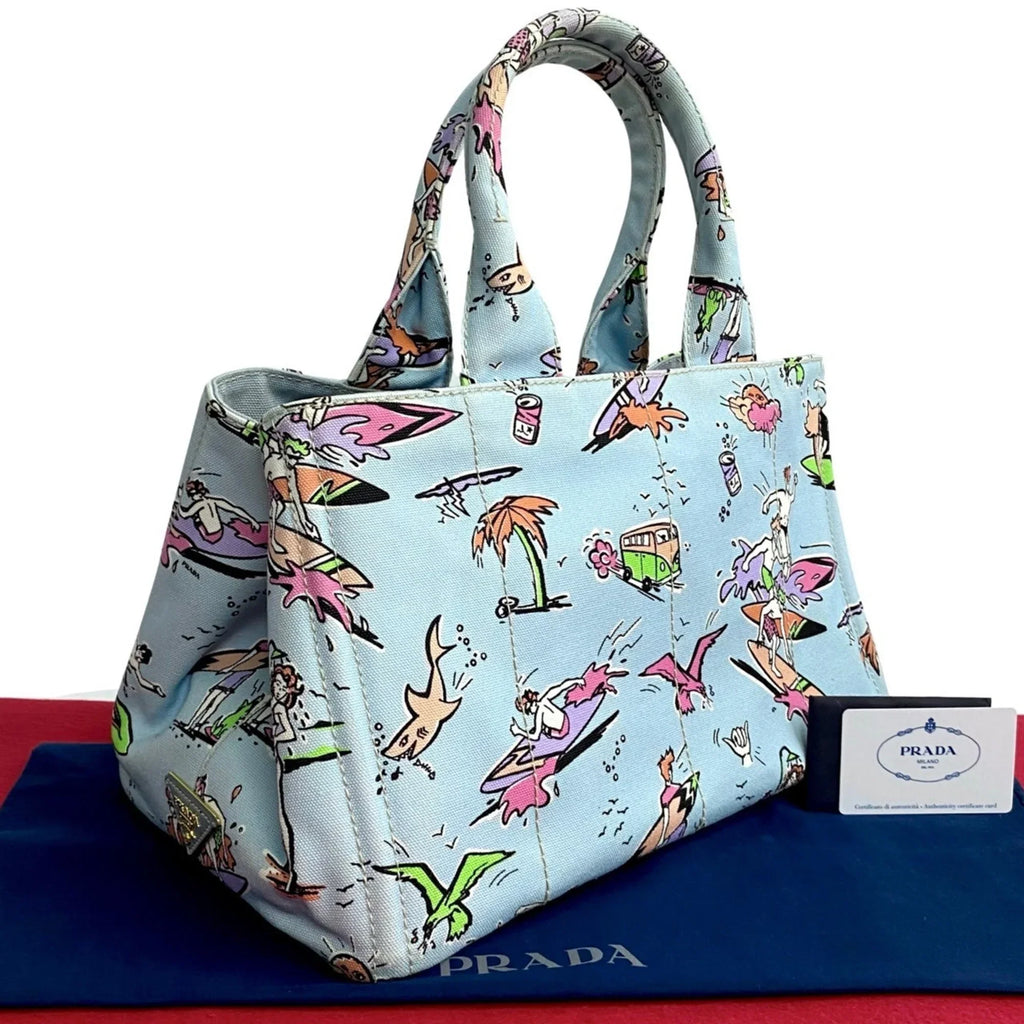 Pre-Owned PRADA Prada Triangle Canapa Surfing Pattern Canvas Handbag Tote Bag Blue Multicolor 25905 (Good)