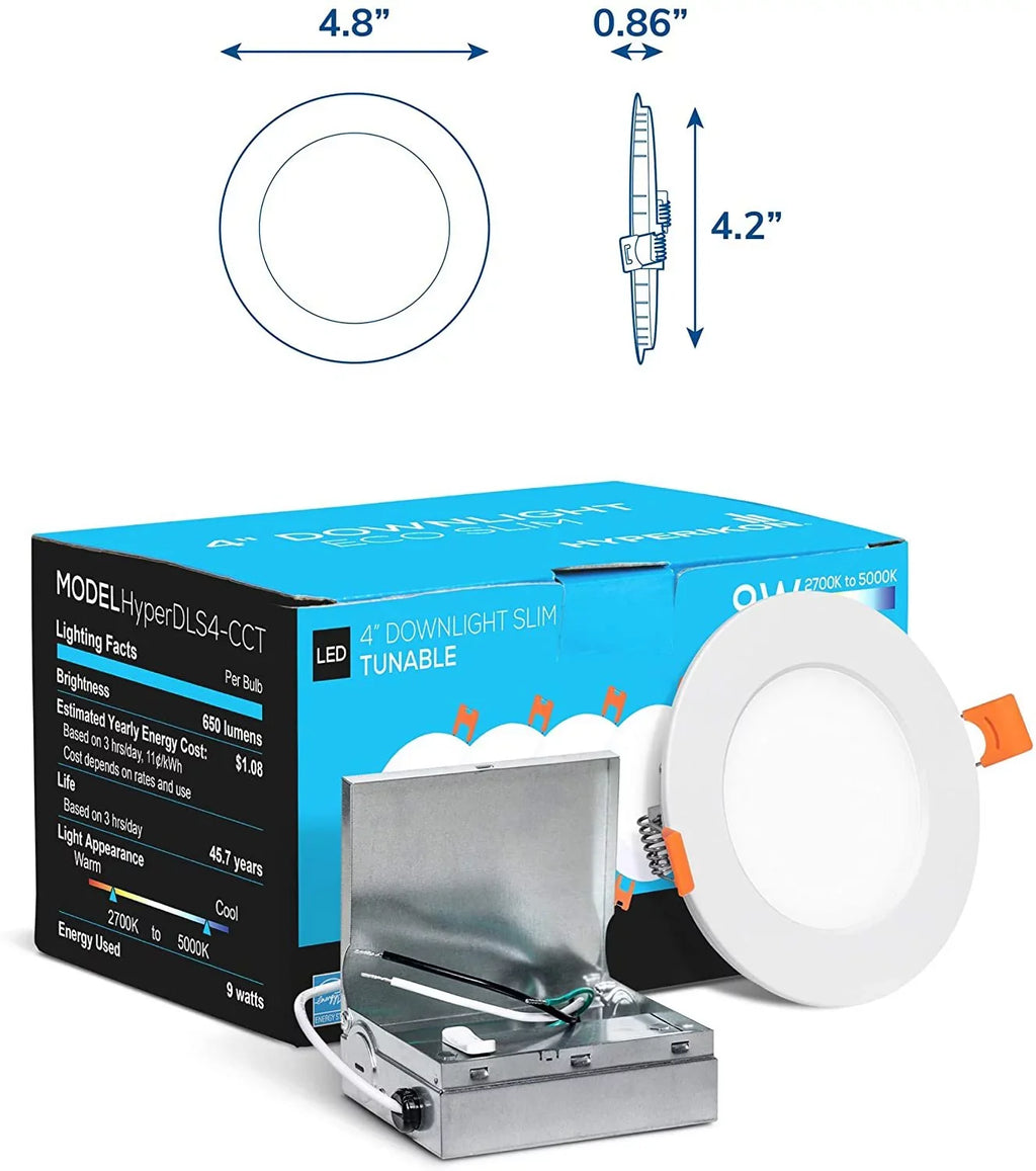 Hyperikon 4 inch Recessed LED Slim Downlight, 9W Color Temperature Tuning, 2700K-5000K, Retrofit Dimmable UL, Energy Star, 6 Pack