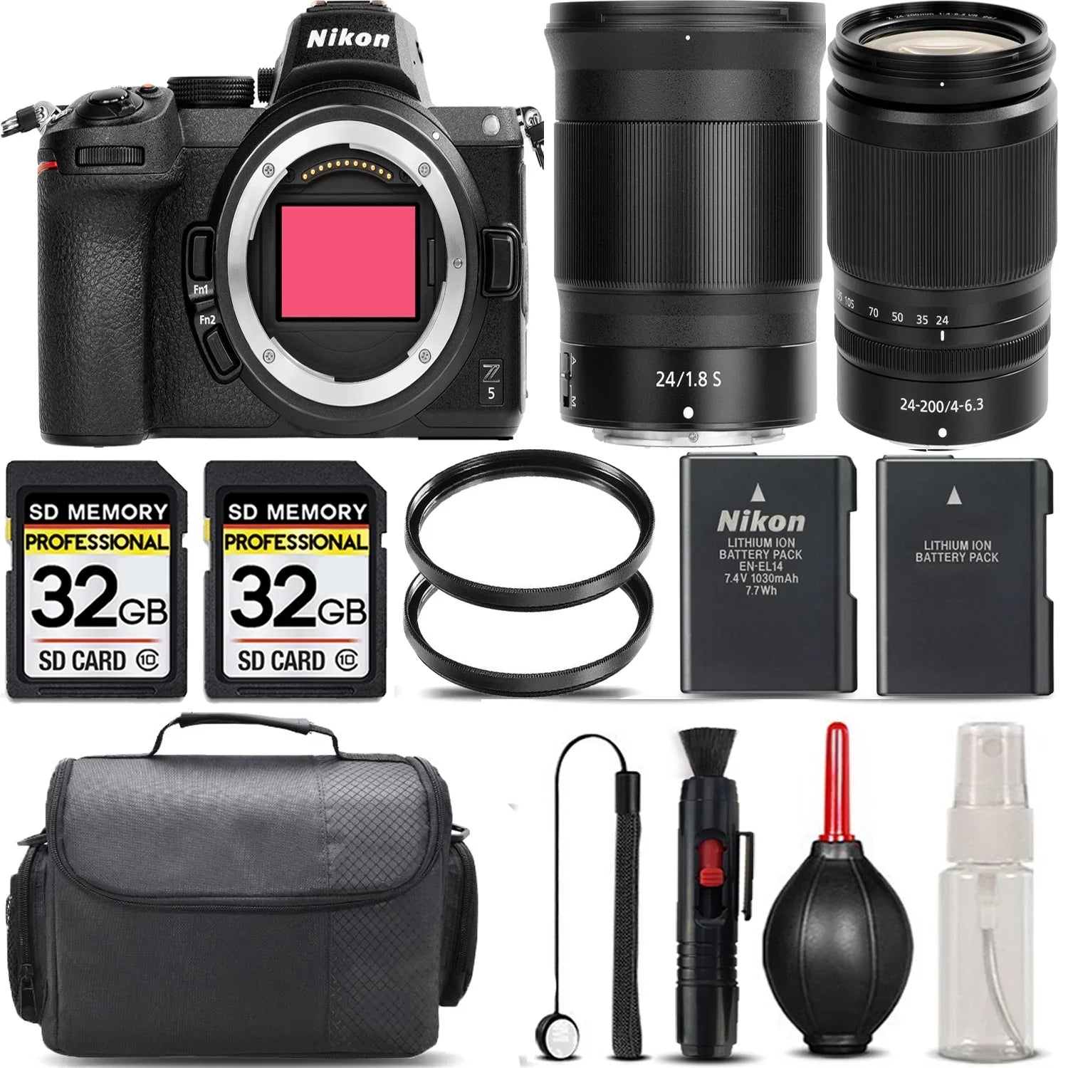 Nikon Z5 Mirrorless with 24-200mm f/4-6.3 VR Lens + 24mm f/1.8 S Lens + 64GB Storage + UV Filter + Backup Battery + Case + Cleaning Kit - International Version