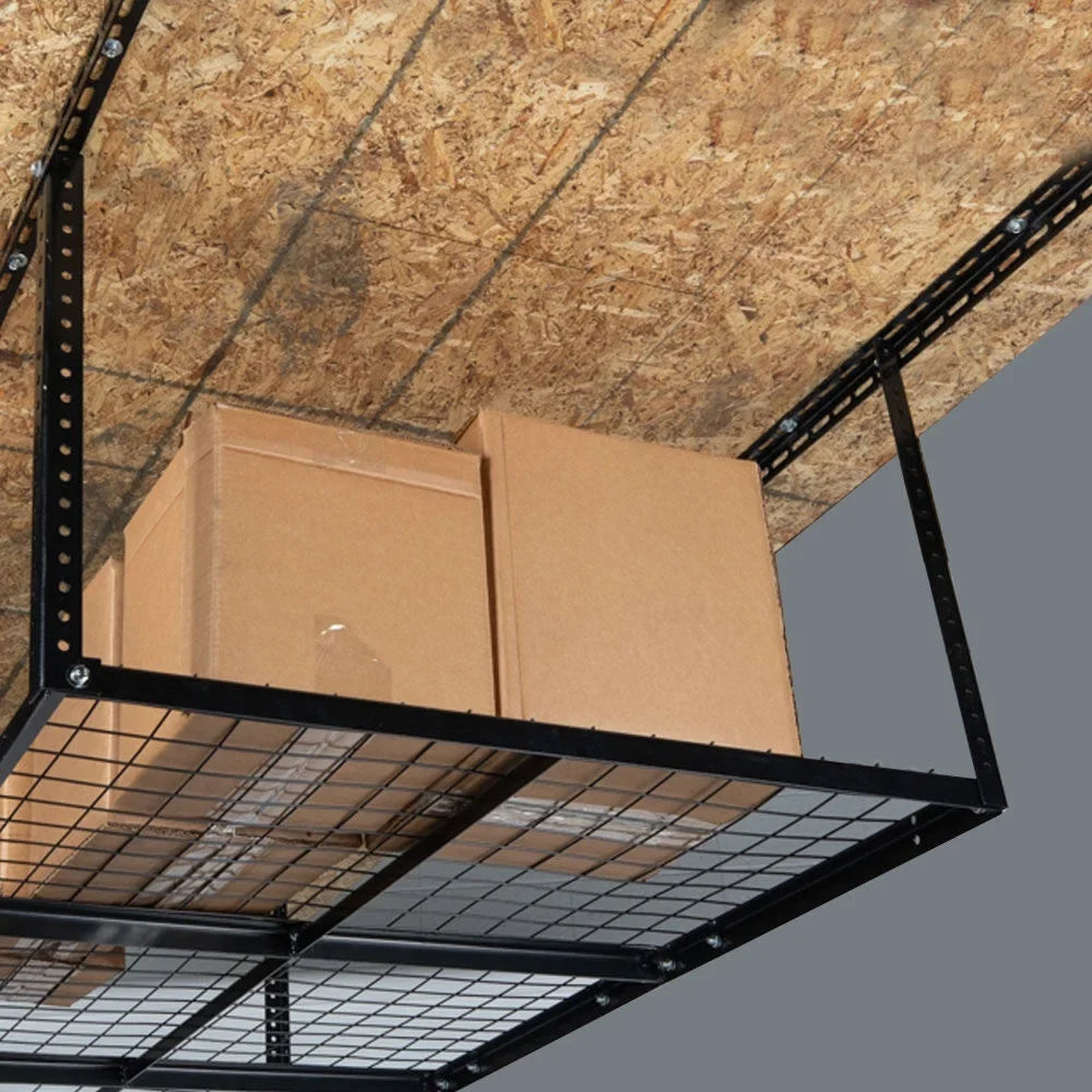 Titan Attachments 4' x 4' Overhead Garage Storage Rack, 20" to 41" Adjustable Height, Ceiling Mount Organization System, Metal Wire Grid with 500 LB Loading Capacity, Storage for Bikes Equipment Bins