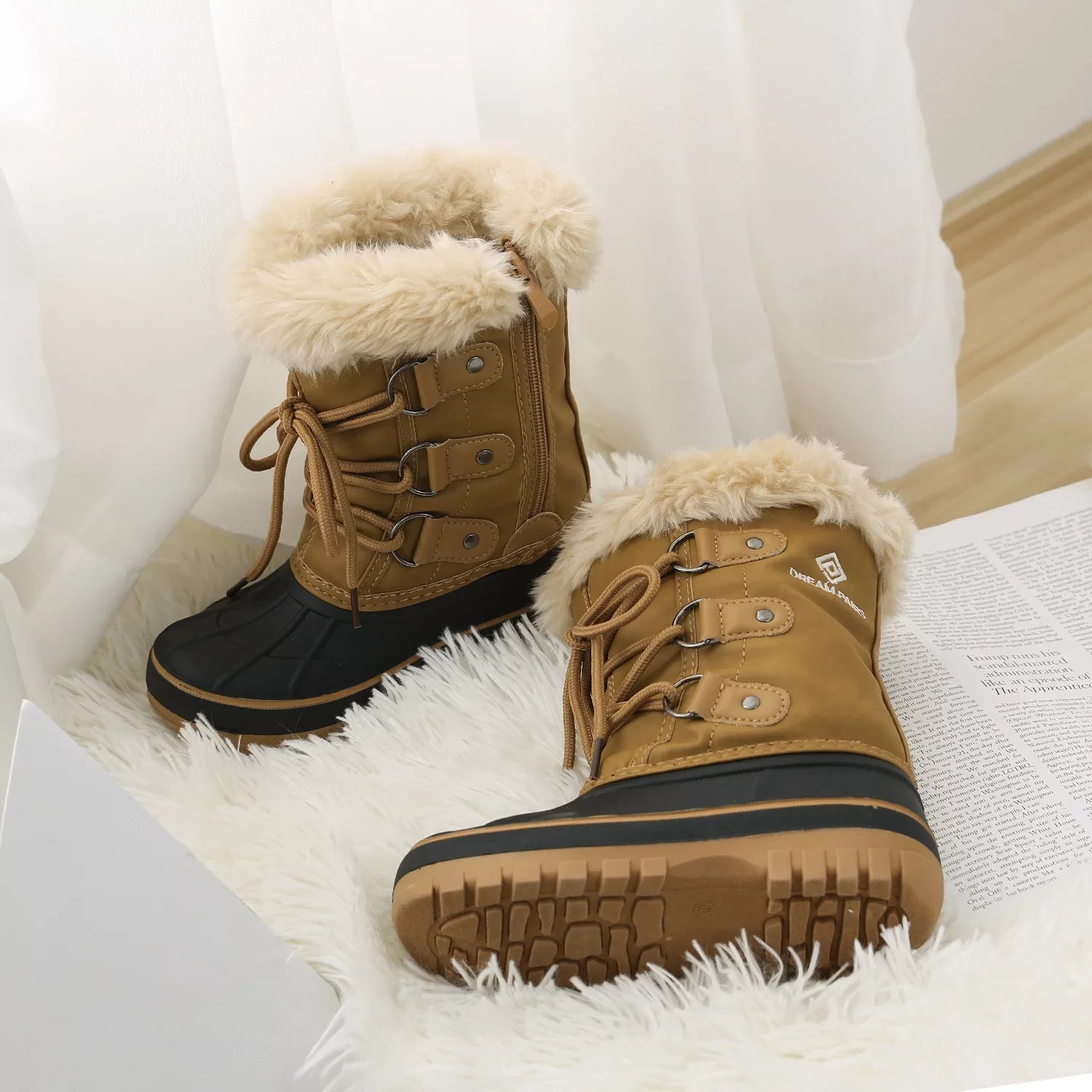 Dream Pairs Boys Girls Toddler Kids Ankle Winter Snow Boots Faux Fur-Lined Soft Boots Shoes Warm FORESTER TAN Size 1 Little Kid