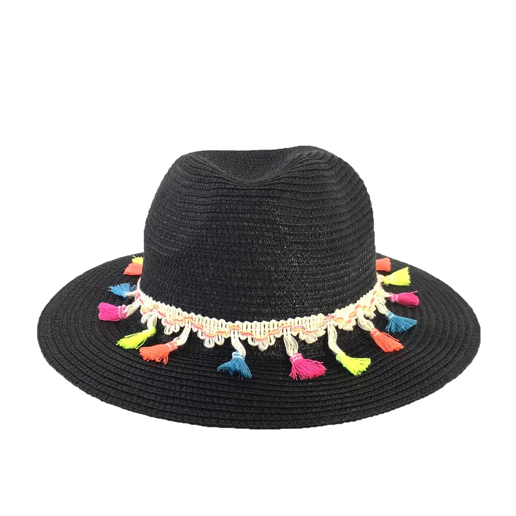 Fashion Culture Festive Tassel Straw Panama Hat, Black