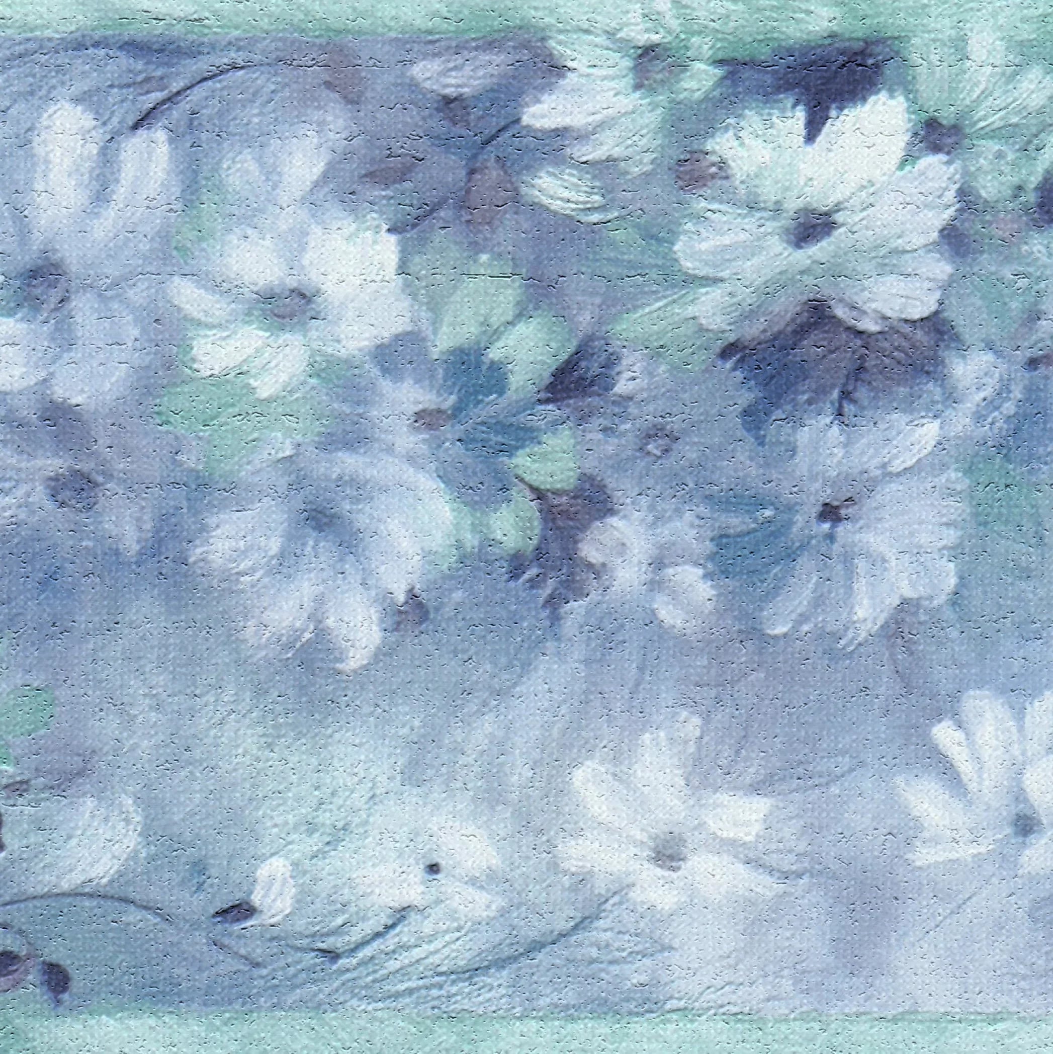 Dundee Deco's Peel and Stick Wallpaper Border - Abstract Blue Teal White Flowers Wall Border Retro Design, 15 ft x 7 in, Self Adhesive