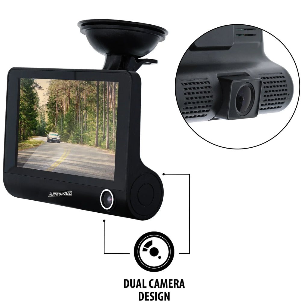 New Armor All Universal 4 inch LCD 1080P HD Dual-Lens Dash Camera, G-sensor Detects Motion and Accidents, Two Cameras, Micro-SD Card Slot