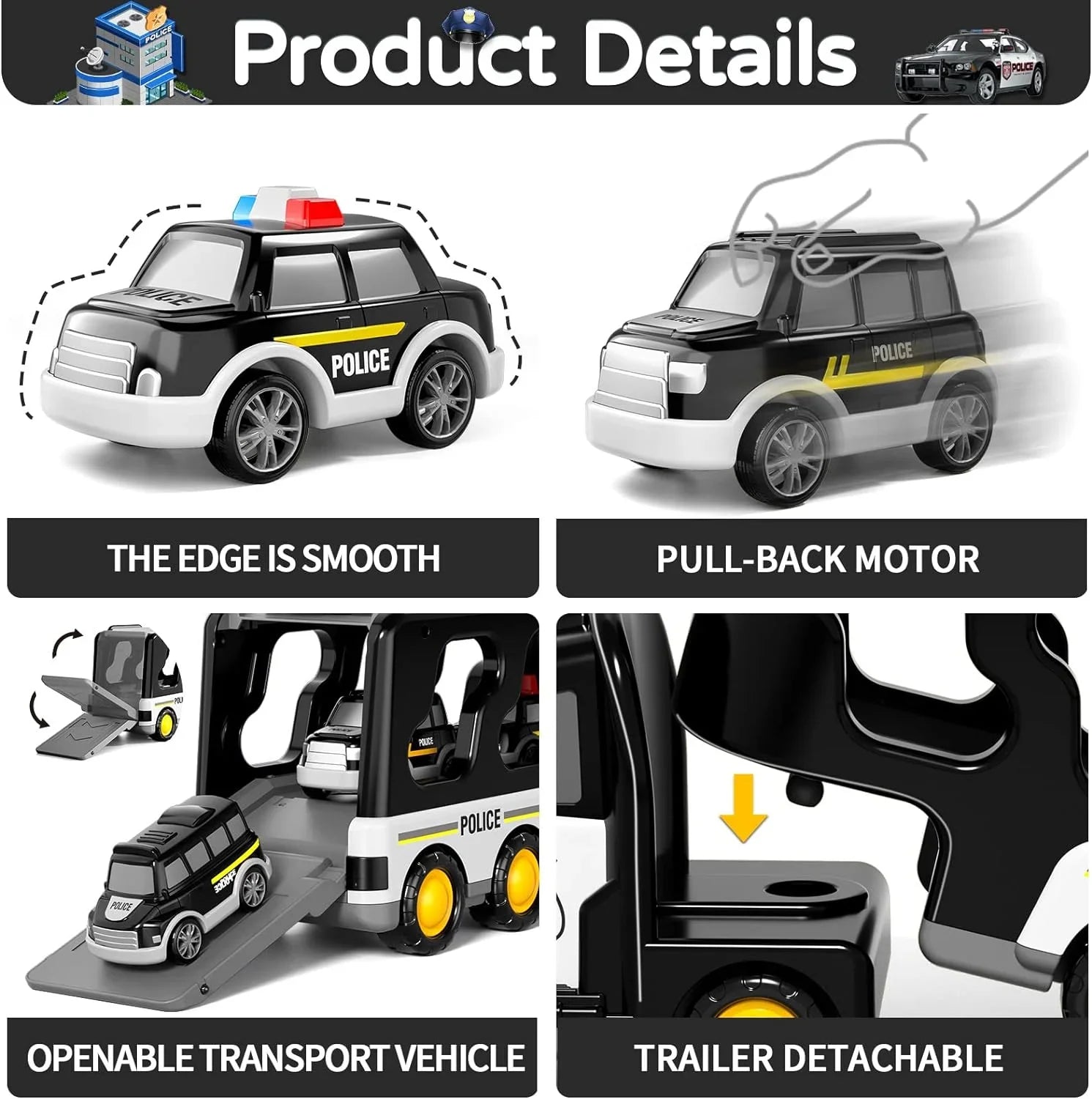 PayUSD Construction Toddler Police Truck Car Toys for 3 4 5 6 Year Old Boys 5 in 1 Construction Car Trucks Playset with Play Mat & Accesoories, Birthday Gifts for Toddlers Kids Boys Girls Age 3-5
