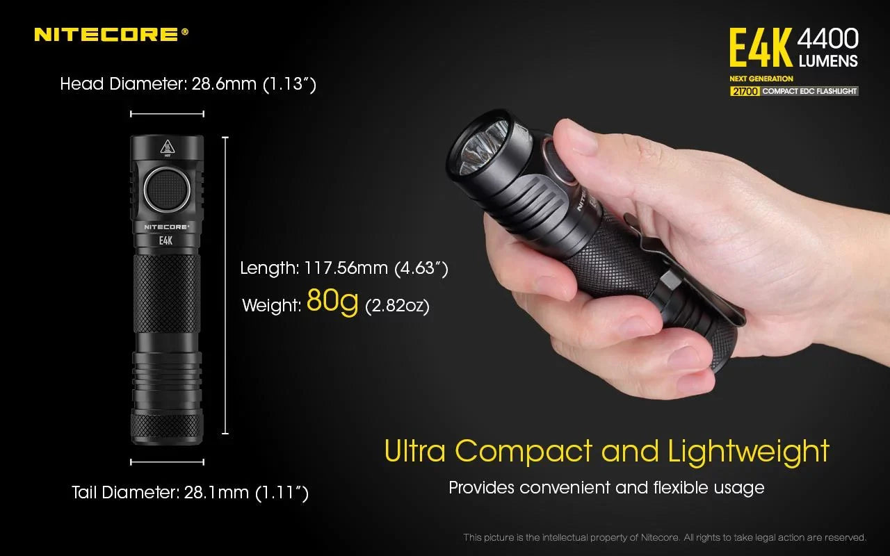 NITECORE E4K Next generation 21700 Compact EDC Flashlight -4400 Lumens - 1x NITECORE 21700 Rechargeable Li-ion Battery Included w/Eco-Sensa USB Fast 3Amp Wall Charger
