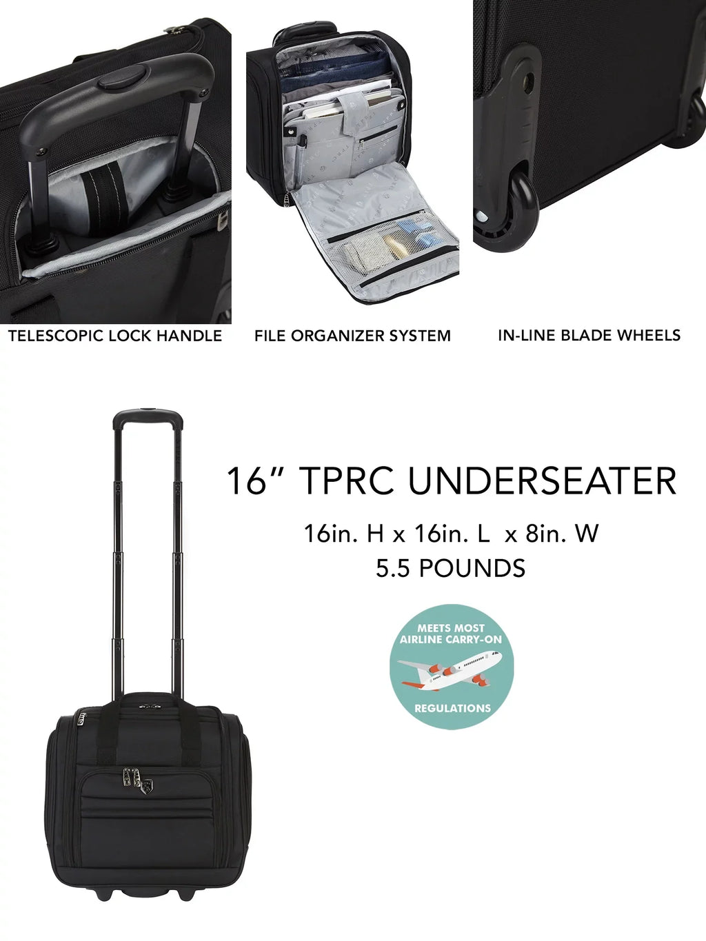 Tprc 16" Rolling Underseat Carry-on Luggage Black