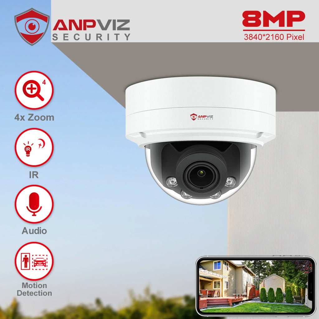 ANPVIZ 8MP IP Camera 4X Zoom Camera Support Human Vehicle Detection 30m IR Distance Built in Mic H.265 IP66