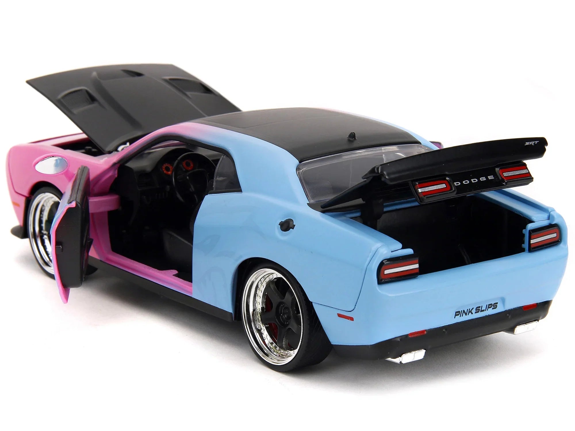 2015 Dodge Challenger SRT Hellcat Pink and Blue Gradient with Matt Black Hood and Top "Pink Slips" Series 1/24 Diecast Model Car by Jada