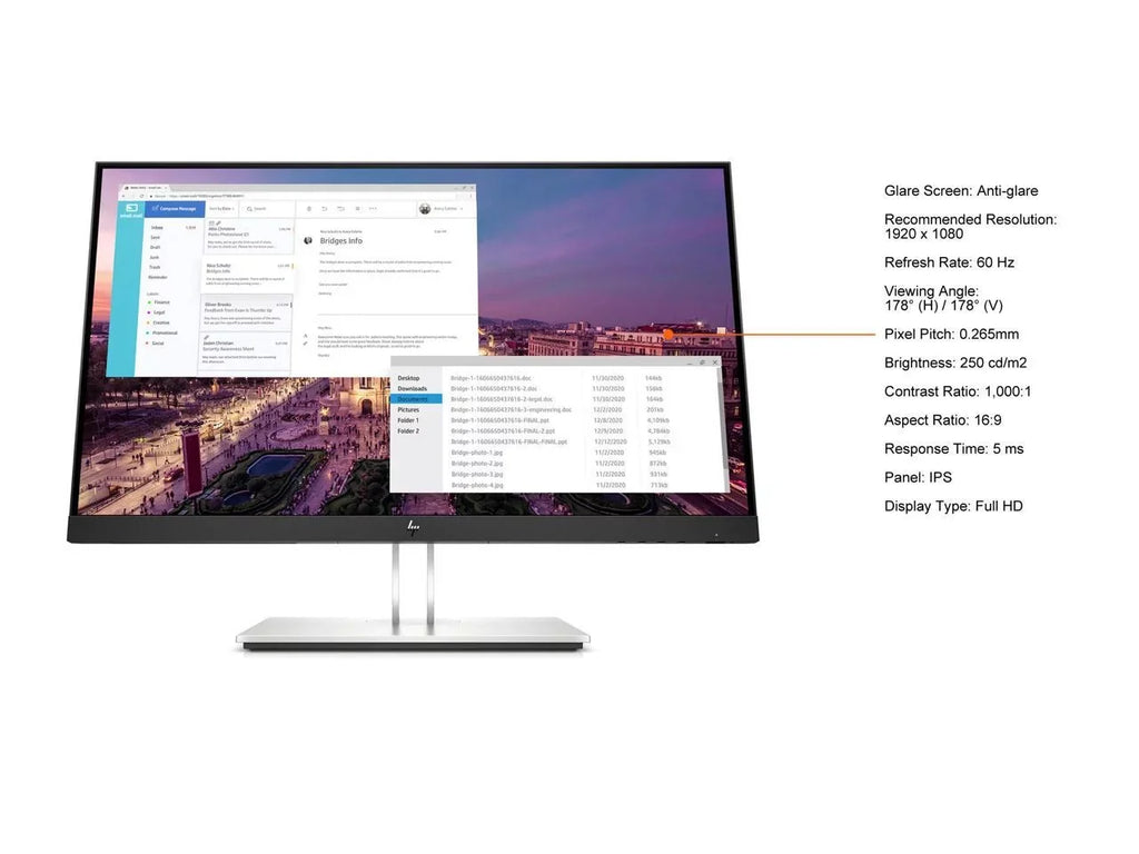 HP 23" 60 Hz IPS FHD Monitors - LCD Flat Panel 5 ms 1920 x 1080 D-Sub, HDMI, DisplayPort Flat Panel E23 G4