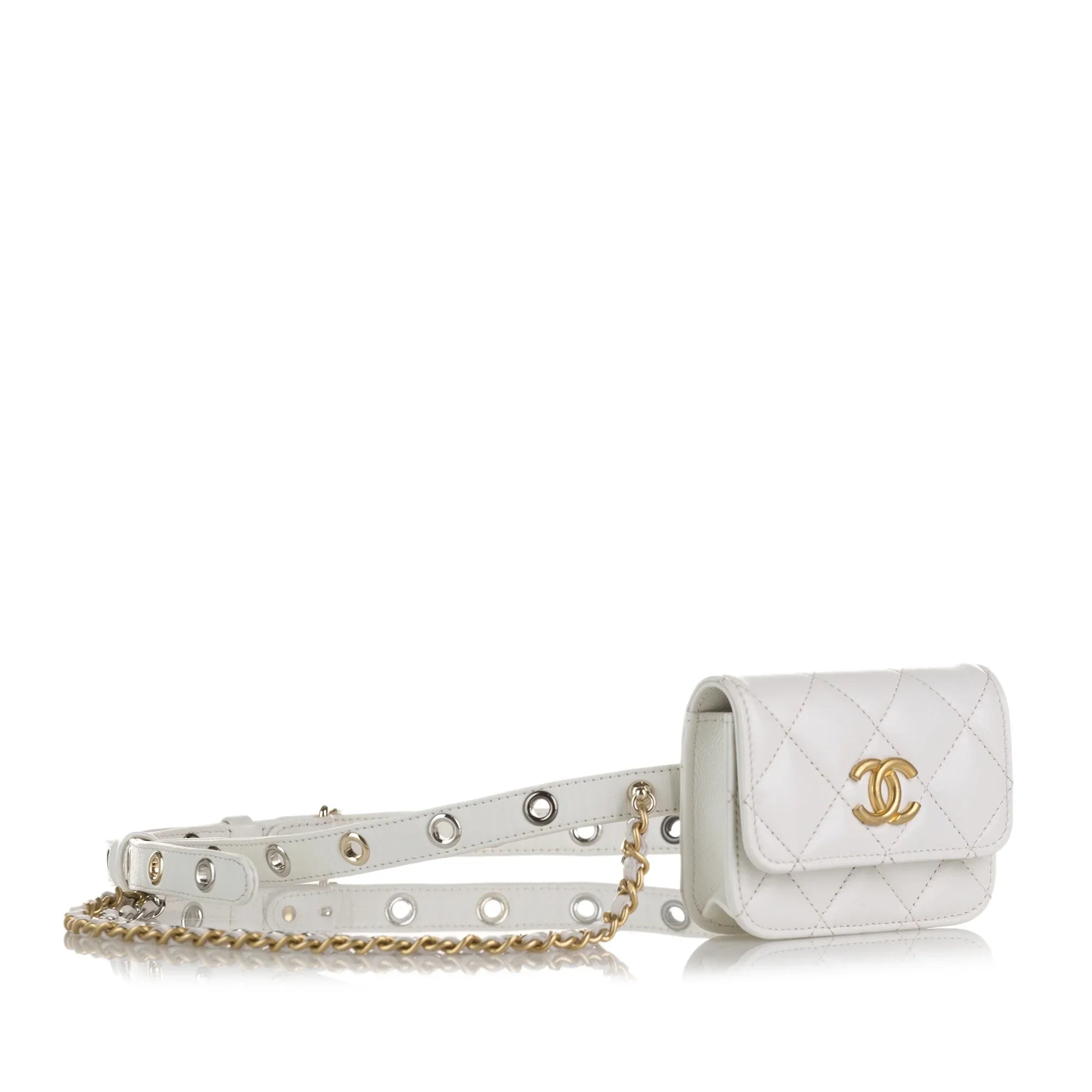 Pre-Owned Authenticated Chanel Punk Chain Belt Bag Lambskin Leather White Unisex (Good)