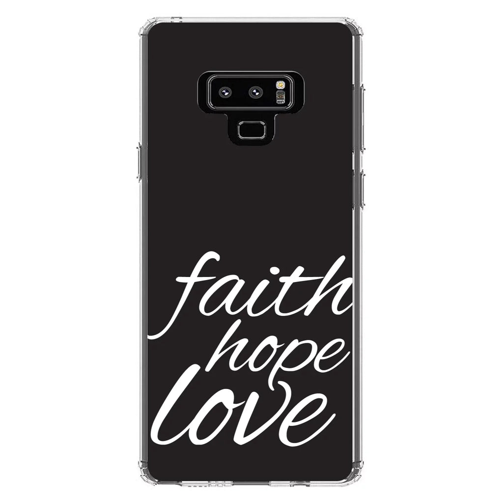 DistinctInk Clear Shockproof Hybrid Case for Samsung Galaxy Note 9 - TPU Bumper, Acrylic Back, Tempered Glass Screen Protector - Faith / Hope / Love - Black & White - Christ