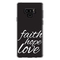 DistinctInk Clear Shockproof Hybrid Case for Samsung Galaxy Note 9 - TPU Bumper, Acrylic Back, Tempered Glass Screen Protector - Faith / Hope / Love - Black & White - Christ