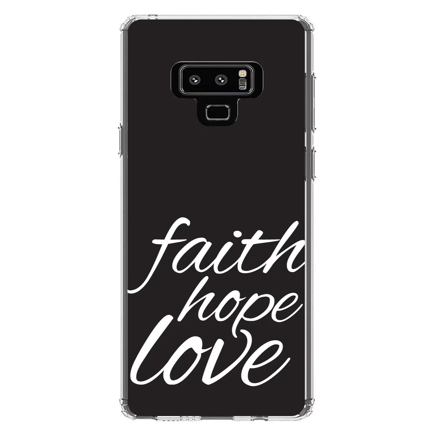 DistinctInk Clear Shockproof Hybrid Case for Samsung Galaxy Note 9 - TPU Bumper, Acrylic Back, Tempered Glass Screen Protector - Faith / Hope / Love - Black & White - Christ