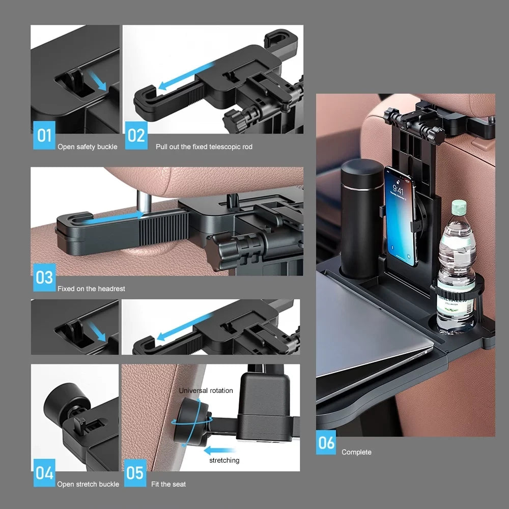Nebublu Adjustable Car Seat Travel Table, Multifunctional Foldable Back Seat Food Tray with Phone Holder， Black