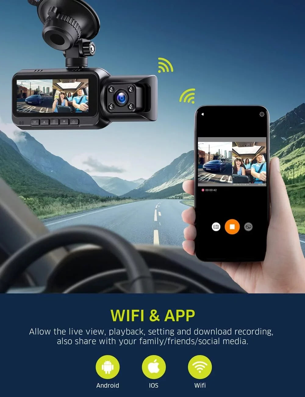 TOGUARD UHD 4K WiFi GPS Dash Cam, IR Night Vision Dash Camera Front and Inside Car Camera with 64GB Card