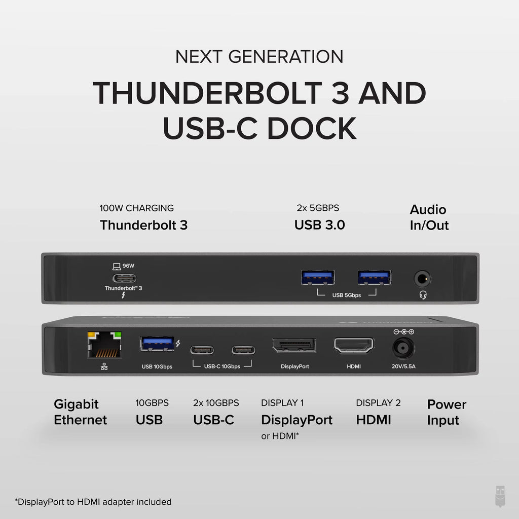Plugable USB-C and Thunderbolt Dock - 40Gbps with 96W Charging, Fitting with Mac and Windows Laptops, DisplayPort and HDMI, 2x USB-C, 3x USB 3.0, Gigabit Ethernet, Audio Jack