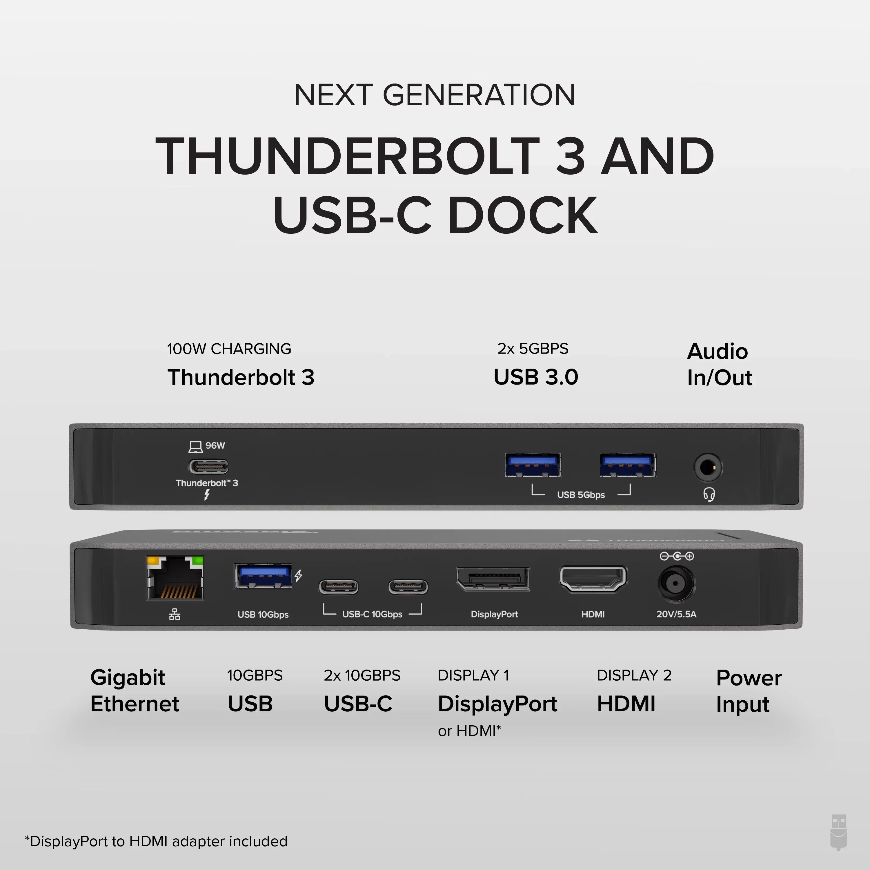 Plugable USB-C and Thunderbolt Dock - 40Gbps with 96W Charging, Fitting with Mac and Windows Laptops, DisplayPort and HDMI, 2x USB-C, 3x USB 3.0, Gigabit Ethernet, Audio Jack
