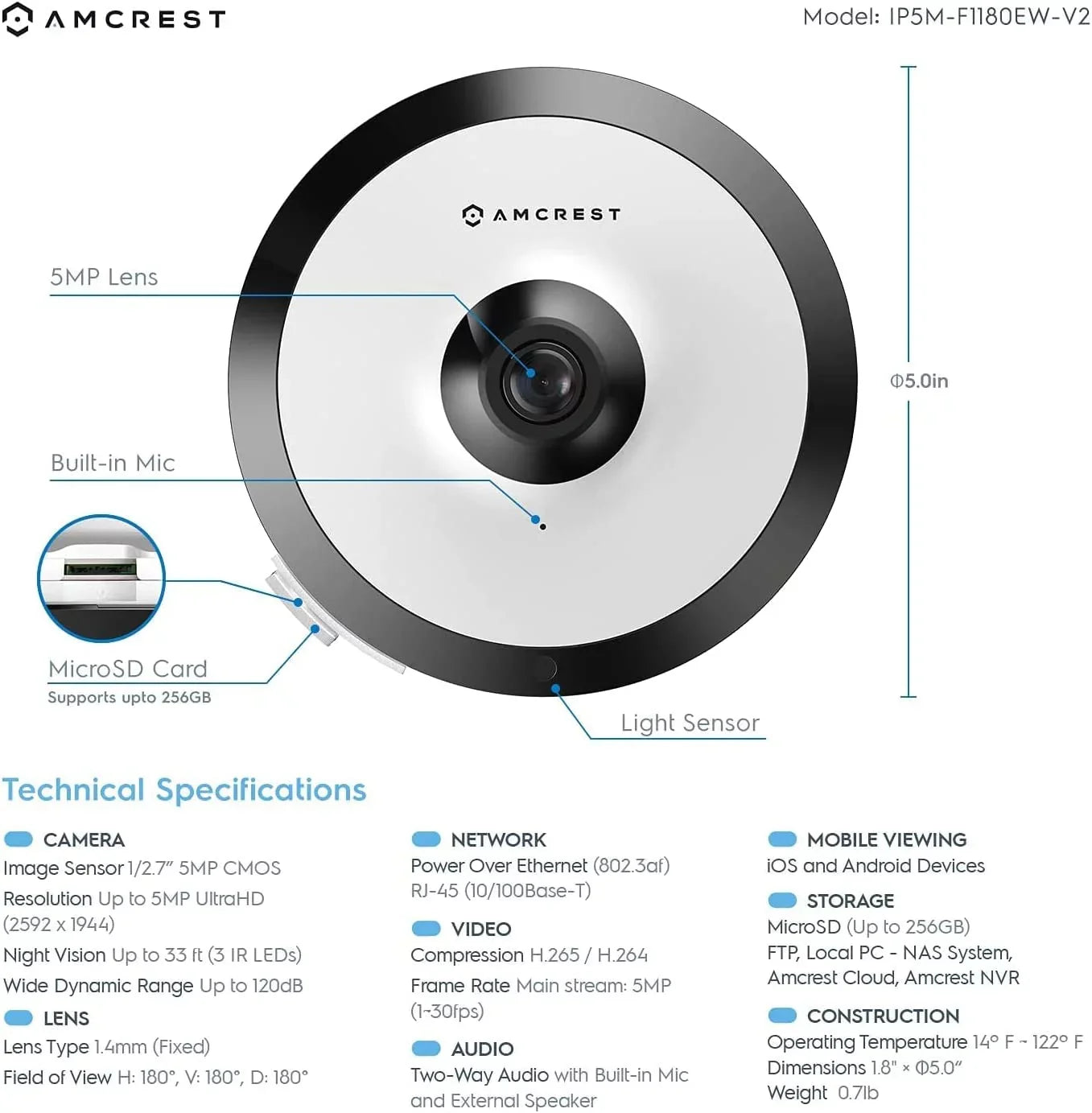Amcrest 5-Megapixel Fisheye Camera, UltraHD Security PoE Camera Indoor, 1.4mm Lens, 33ft Nightvision, 360° Panoramic Camera Shield Cloud and MicroSD Recording, IP5M-F1180EW (White)