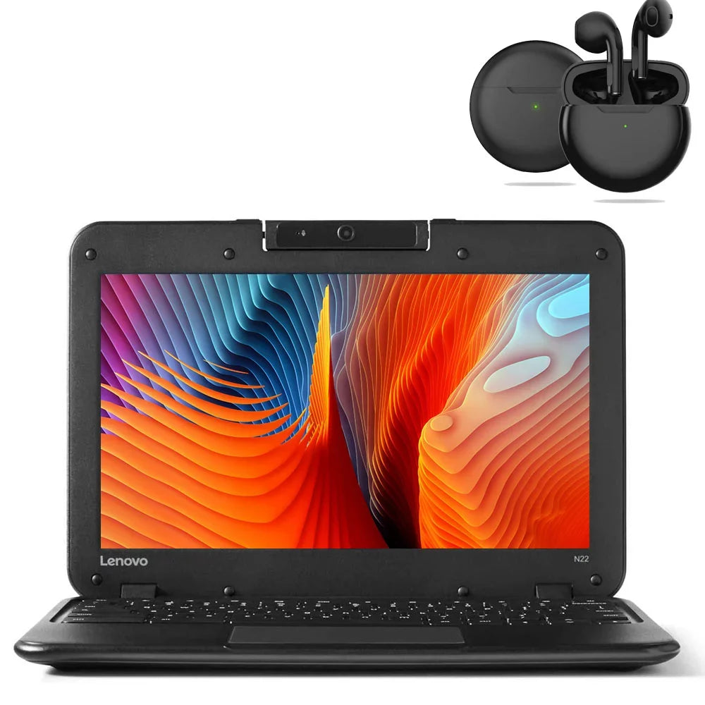Lenovo N22 Chromebook 11.6 inch Intel Processor/ 4GB Memory/ 16GB eMMC Storage/ USB3.0/ Bluetooth/ Wi-fi/ Webcam with Pro 6 Wireless Earbuds Chrome Notebook
