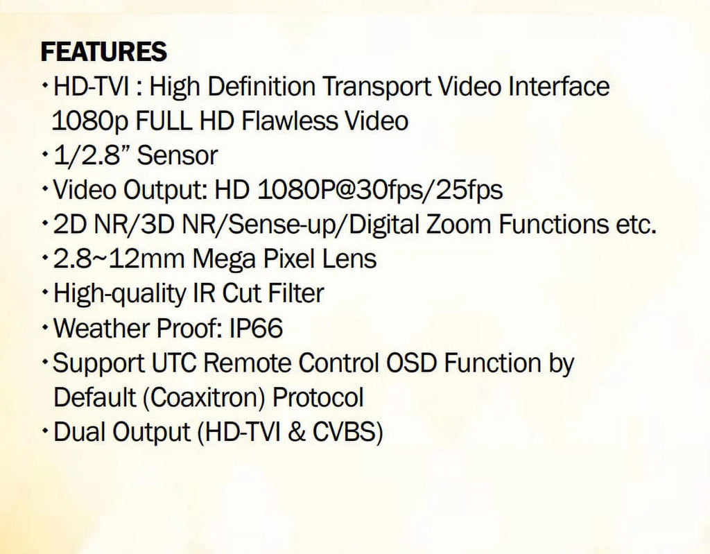 Eyemax TIR-1412V-W HD-TVI 2MP Outdoor Bullet Camera, 2.8-12mm, 42 IR LED 12V DC, Sense-up